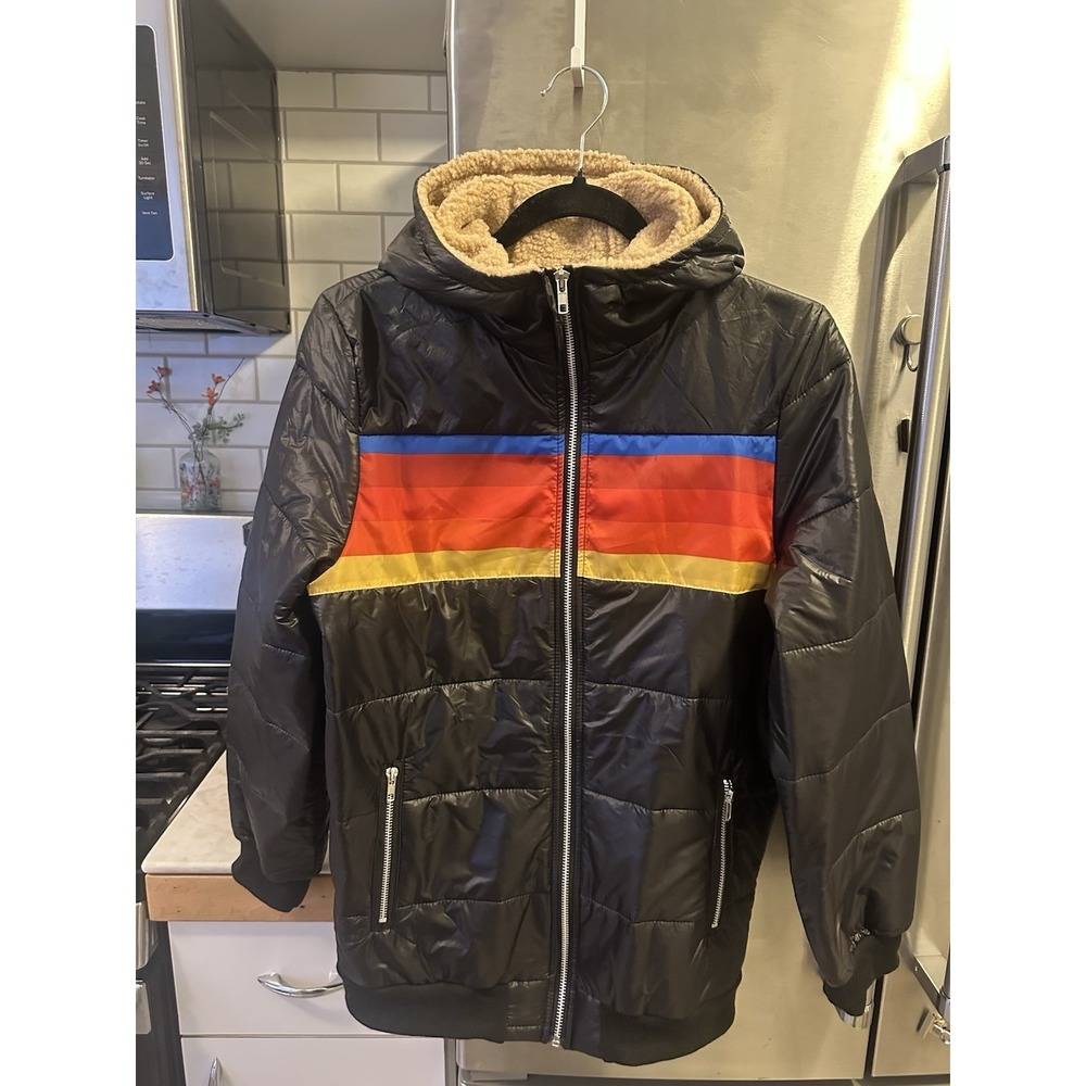 Aviator‎ Style Jacket Black Or/bl/yw Stripes Quilted Full Zip 2 Pockets Hood